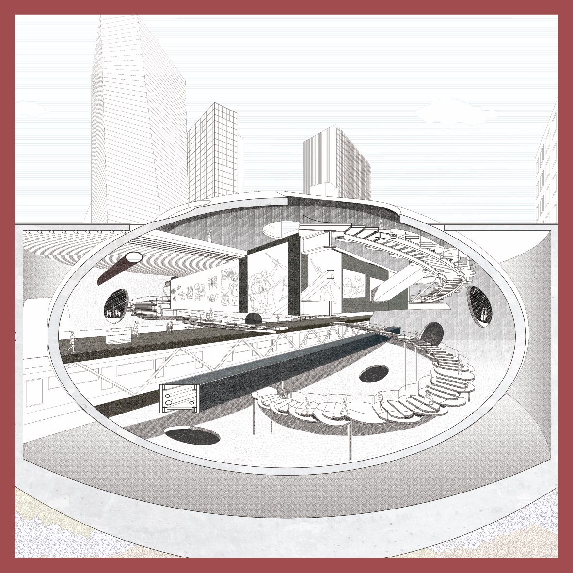地表の内側
西海 天翔

既存地下通路とつながる楕円形シェルは地表の内側を規定し、既存の地下構造物や地層を可視化する。配置した階段を通して人々はそれらを知覚する。ここは都市の様相を映し出した場なのだ。