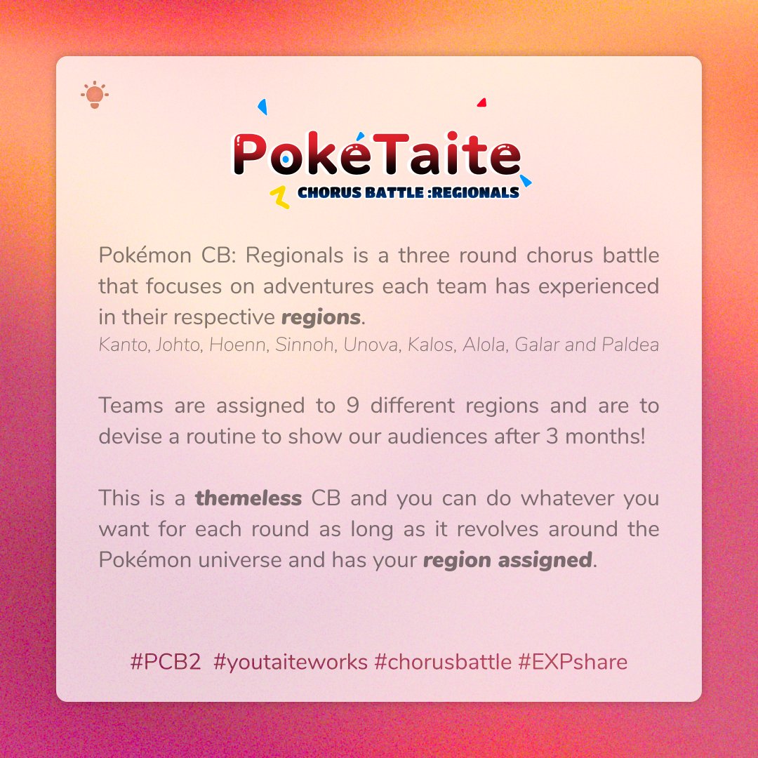 CB_PokeTaite's tweet photo. Hello Trainers!
Welcome to PokéTaite - Chorus battle: regionals
Timeline to be released soon!
#PCB2 #chorusbattle https://t.co/oLIbksJpWr