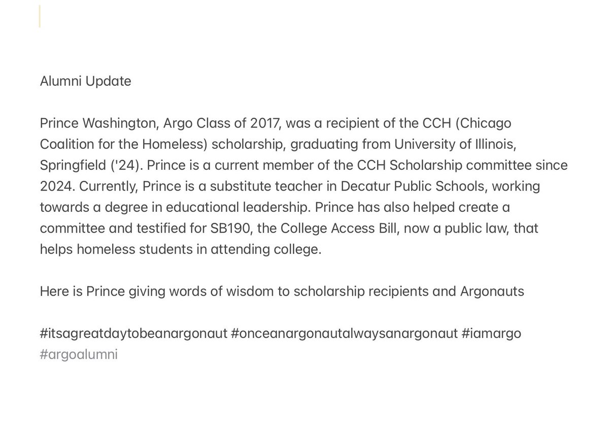 argohs217's tweet photo. Alumni Update
Prince Washington, Argo Class of 2017, was recipient of CCH (Chicago Coalition for Homeless) scholarship, graduating from University of Illinois, Springfield ('24)….Here Prince giving words of wisdom to scholarship recipients and to Argonauts
#iamargo #argoalumni https://t.co/0Vdyp6EgzJ