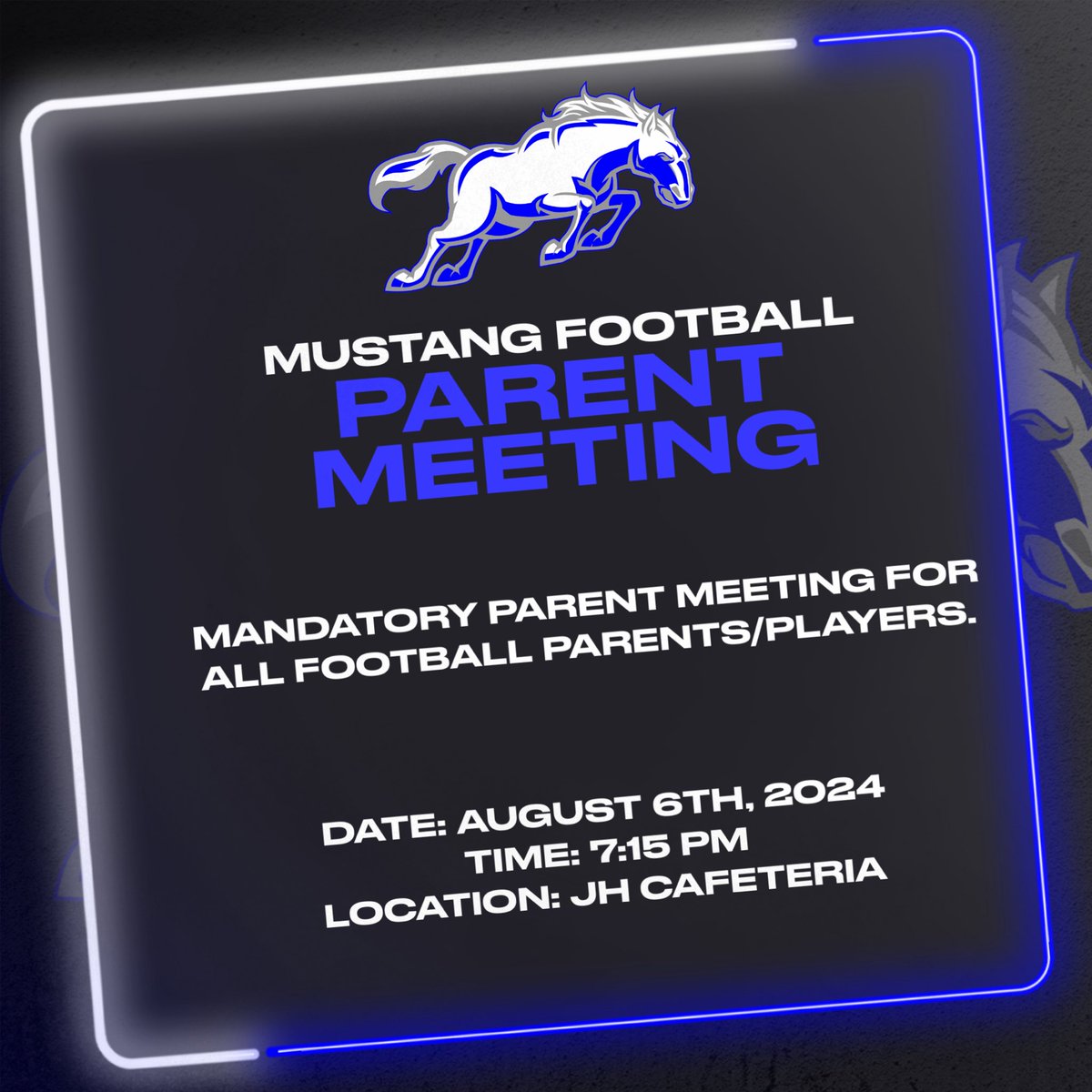 Football parents we will have a meeting for all  JH/HS parents! We will be providing information on this upcoming season. This meeting will be held at the JH cafeteria!

Any parents having issues with Healthy Roster, we will have Doc and our coaching staff there to assist you.