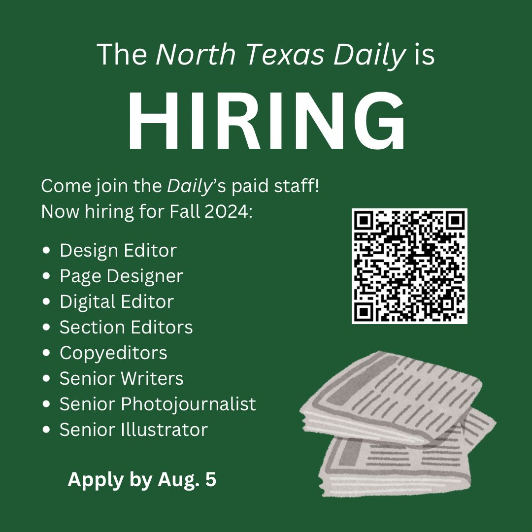 ntdaily's tweet photo. The North Texas Daily is hiring paid staff members for the fall 2024 semester! All interested students are encouraged to apply regardless of major, year or experience level. Scan the QR code in this post or follow the link in our bio to access the application. https://t.co/9QWRffD3Dw