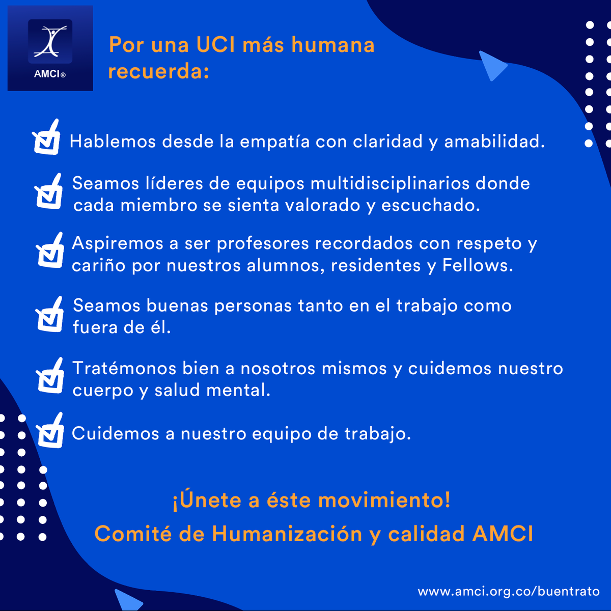 Por una UCI más humana #PorUnBuenTrato en los equipos
¡Únete a éste movimiento!
L@s invitamos a leer el comunicado y si quieren contarnos de forma anónima su percepción en el enlace
amci.org.co/buentrato/