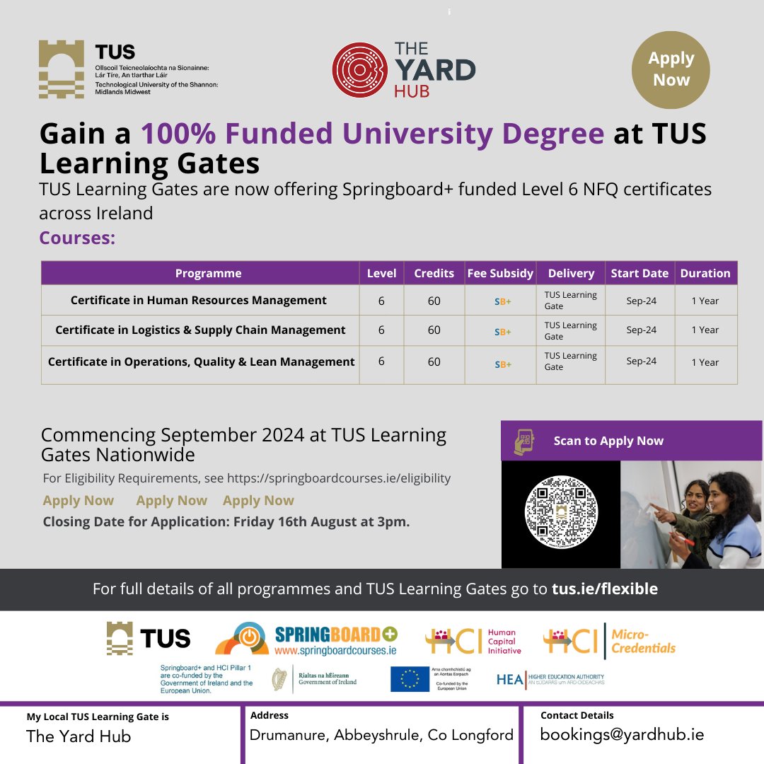 The Yard Hub in collaboration with <a href="/TUS_ie/">Technological University of the Shannon</a> is thrilled to announce that our local community now have the opportunity to enrol in 60-credit Springboard funded certificate programmes at their local hub. 
Contact bookings@yardhub.ie for more information about the programmes.
