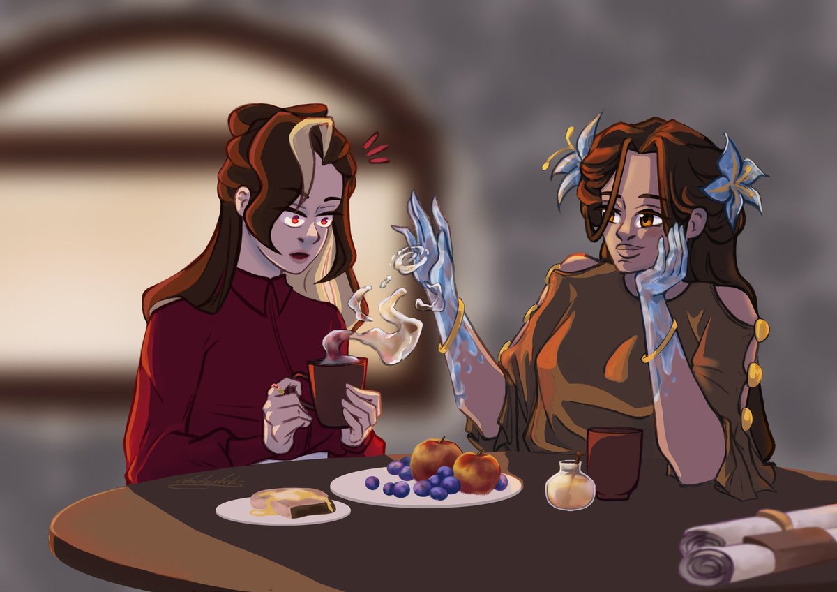 AndraArts's tweet photo. Magic at the table
Young Ann(left) wasn't able to do magic so any kind of magical demonstration was something fascinating.
Dessa(right) is a master of water manipulation and a good friend who tried to cheer up Ann.
#oc #originalcharacterart #originalcharacters #illustration https://t.co/JF5f6k2REn