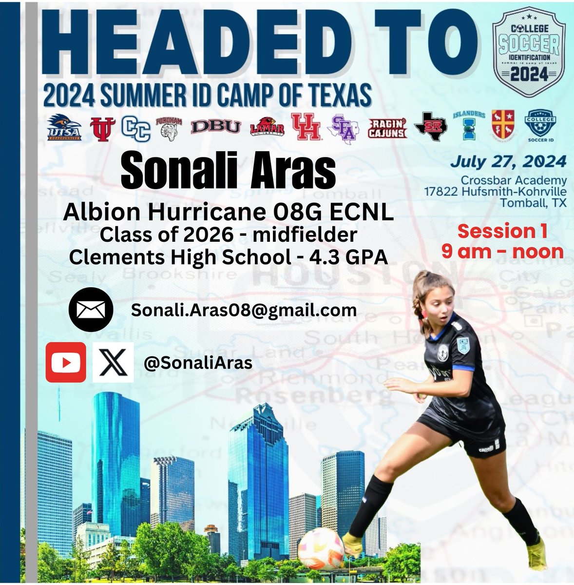 Looking forward to attending <a href="/CollegeSoccerID/">College Soccer ID</a> camp to train with great coaches and players!

<a href="/CoachGusMota/">Gustavo Mota</a> <a href="/UTSAWSOC/">UTSA Soccer</a> @TampaWSoccer <a href="/FordhamWoSoc/">Fordham Women's Soccer</a> <a href="/DBUWomensSoccer/">DBU Women's Soccer</a> <a href="/LamarWSoccer/">Lamar Soccer</a> <a href="/UHCougarSoccer/">Houston Soccer</a> <a href="/CoCoWoSo/">ConnCollWomensSoccer</a> <a href="/RaginCajunsSOC/">Louisiana Ragin' Cajuns® Soccer</a> <a href="/SFA_Soccer/">SFA Soccer</a> <a href="/IslandersSoccer/">Islanders Soccer</a> <a href="/USTWSoccer/">UST Women's Soccer</a> <a href="/AHFC08ECNL/">Albion U18/19 ECNL (2008/2007)</a>