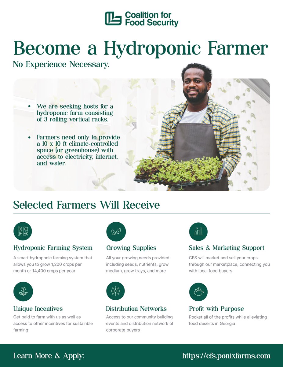 Attention farmers! The Coalition for Food Security, led by Ponix, is offering USDA-backed grants to support 24 new hydroponic farmers in Georgia. Get start-up funds, training, and more! Apply by Aug 1: cfs.ponixfarms.com 🌱💧 Tag &amp; share! #Hydroponics #Farming