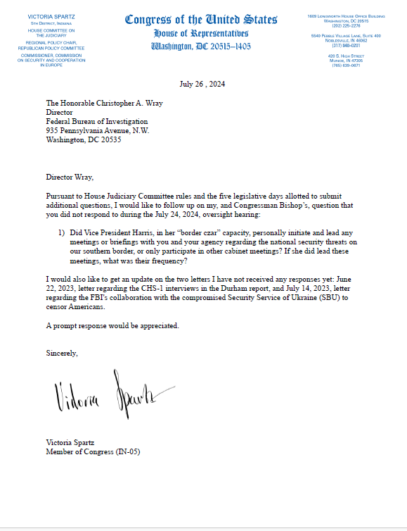 RepSpartz's tweet photo. Today, Rep. Spartz sent a follow up letter to @FBI Director Wray after he failed to answer a question during @JudiciaryGOP hearing this week regarding the frequency of @VP Harris's interactions with his agency in her capacity as a "border czar".

See full letter below. https://t.co/ZHXP69Xcbm