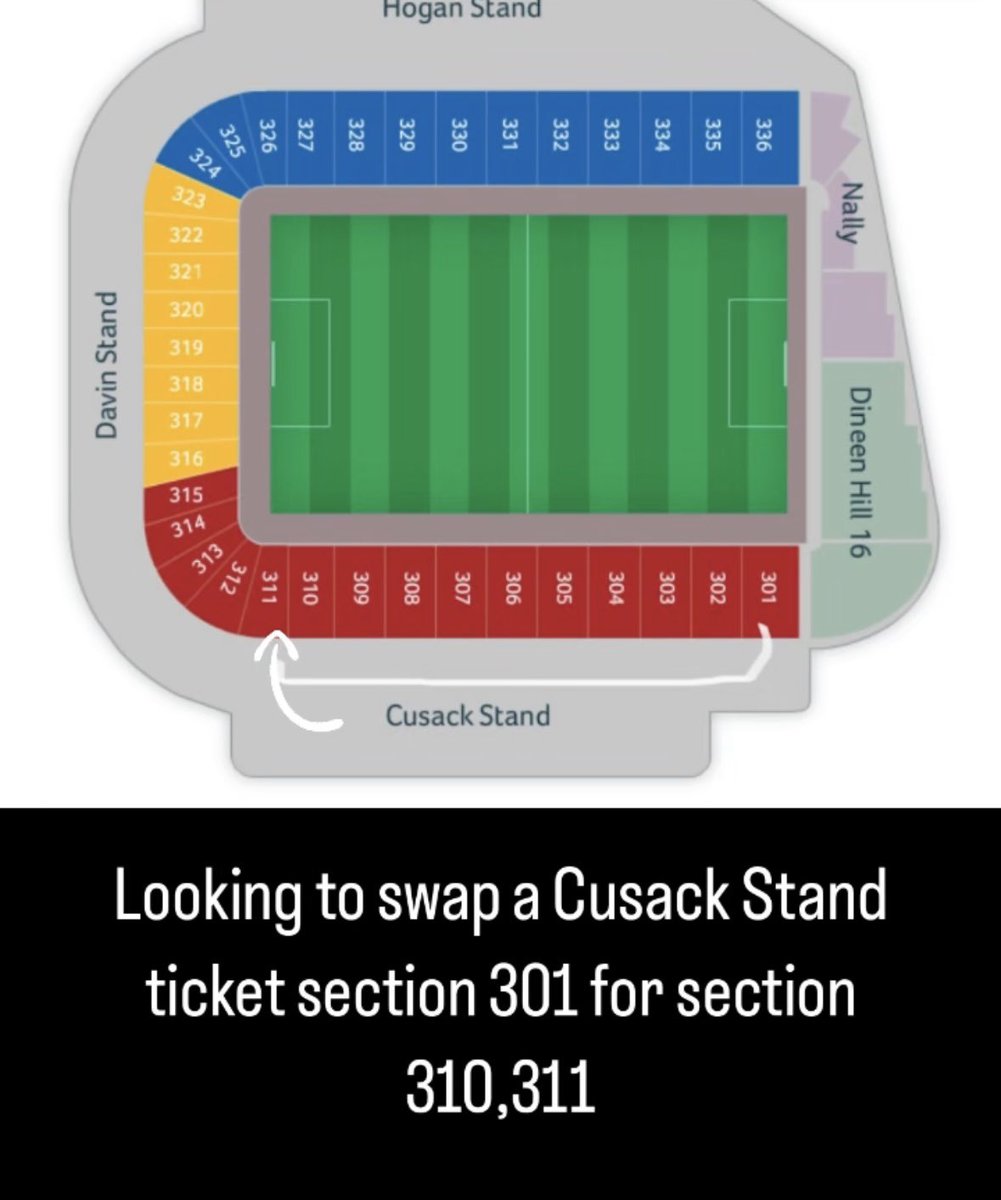 Looks to swap a Cusack Stand ticket section 301, for section 310,311 if possible #gaa #Allirelandfootballfinal <a href="/Galway_GAA/">Galway GAA Official</a> #Galwaygaa #allirelandtickets