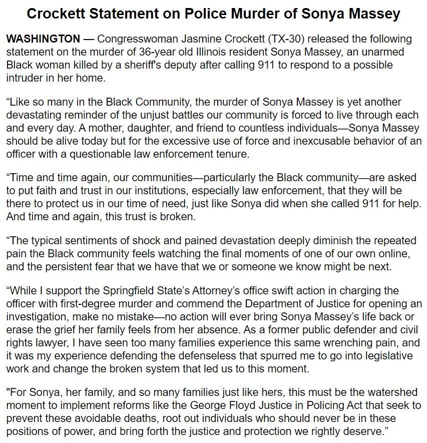 RepJasmine's tweet photo. My statement on the police murder of Sonya Massey. https://t.co/7gPEoIIiFU