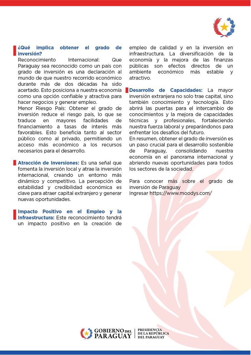 SantiPenap's tweet photo. ¡Paraguay es grado de inversión! Hemos recorrido un camino de transformación y crecimiento económico que ha sido reconocido internacionalmente con la obtención del grado de inversión por la prestigiosa calificadora de riesgo Moody’s. Un hito que sin dudas coloca a nuestro país ante una ventana de oportunidades para impulsar su crecimiento y un mayor bienestar para todos los paraguayos.