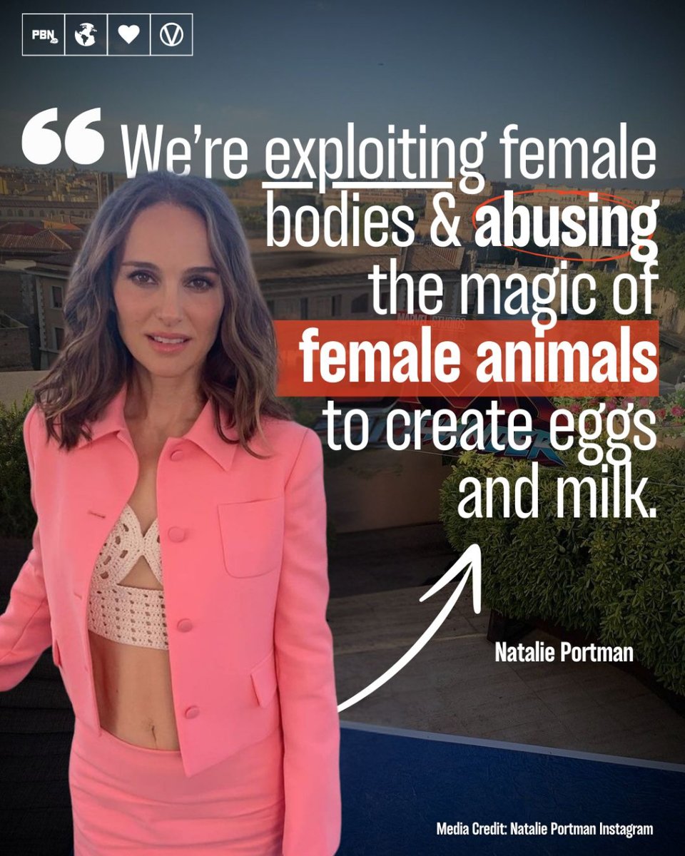 PlantBasedNews's tweet photo. Natalie Portman highlights the fact that dairy &amp; eggs exploit the female-only species of animals for their products. 

Did you realise that male species are useless to the dairy &amp; egg industries? https://t.co/pCXTu793N6