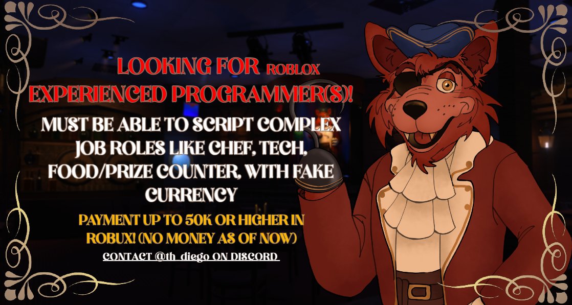 Dieg0TH_08's tweet image. Hello new followers! I think now is a better time than ever to talk about my newest fnaf project. Thank you all for the support. Though to make this project more possible i am in the need of a ROBLOX programmer! 

Here's a first look at Foxy too! 🦊
#FNAF #RobloxDev