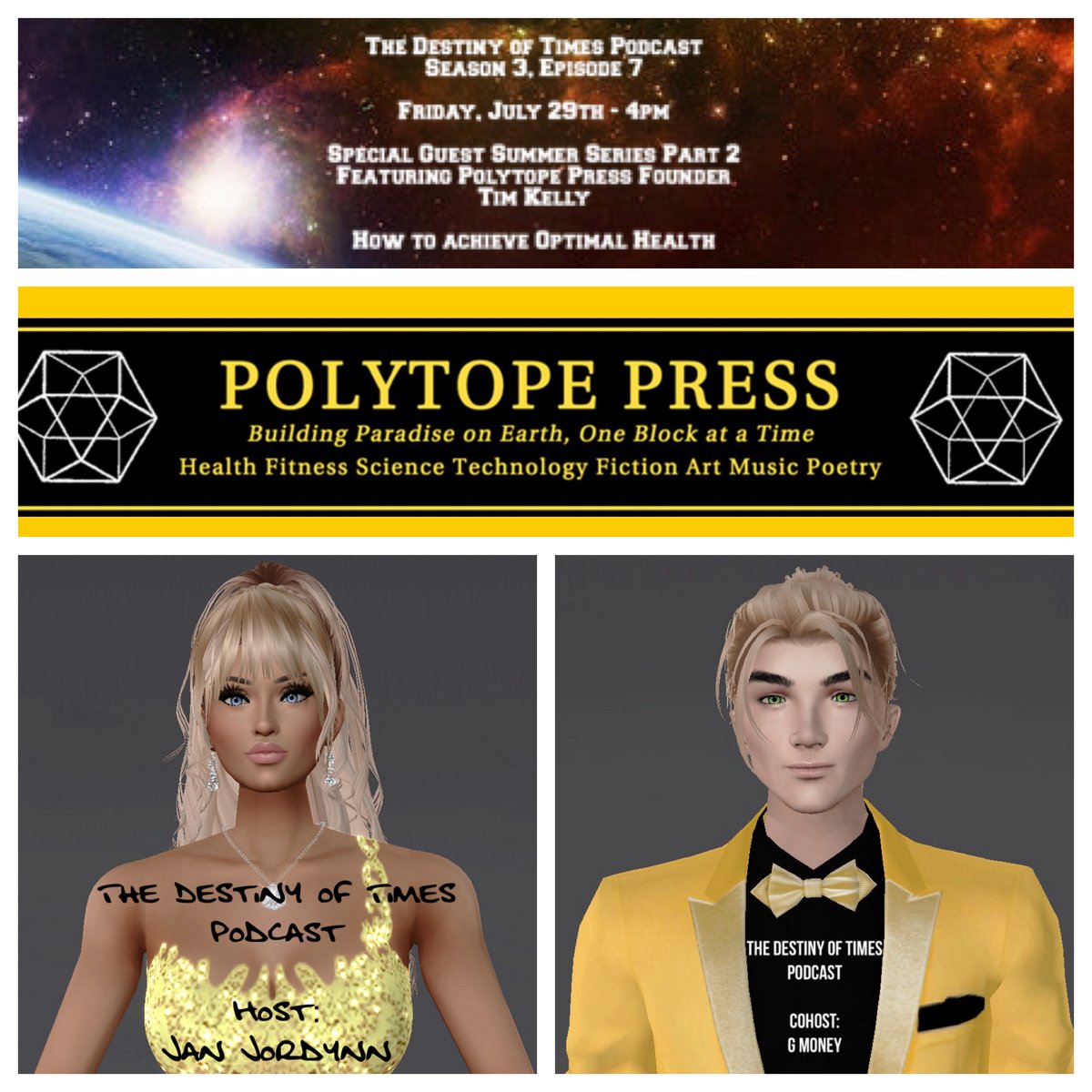 destinyoftimes's tweet photo. join #host @janjordynn &amp; #cohost GMoney  @destinyoftimes #Podcast S3 E7 #Special #Guest #Summer #Series Friday 7/26 4pm Polytope Press #founder #researcher &amp; #author Tim Kelly #shares how to #achieve #optimal #health in #Natural #Healing #Self #Empowerment
https://t.co/RGBOr3zxgW https://t.co/ApFMcYtL8R