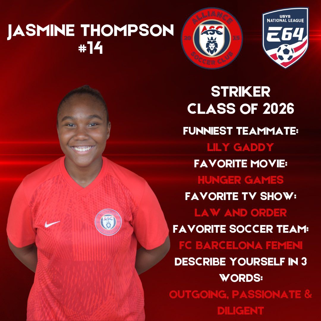 Welcome to the team Jasmine! ⚽️🔥 <a href="/JasThompson2026/">Jasmine Thompson</a> 

<a href="/ImYouthSoccer/">ECNL/GA/Recruiting/College Soccer</a> <a href="/ImCollegeSoccer/">College Soccer Truth ™</a> <a href="/TopDrawerSoccer/">TopDrawerSoccer</a> <a href="/TheSoccerWire/">SoccerWire</a> <a href="/NEGARecruits/">Northeast Georgia Recruits</a> <a href="/onlyGplatform/">The OG Platform</a> <a href="/jtownsoccer/">Jefferson Soccer</a> <a href="/NationalLeague/">National League</a> 

#WeAreAlliance #Elite64 #NationalLeague #USYS #YouthSoccer #GirlsSoccer