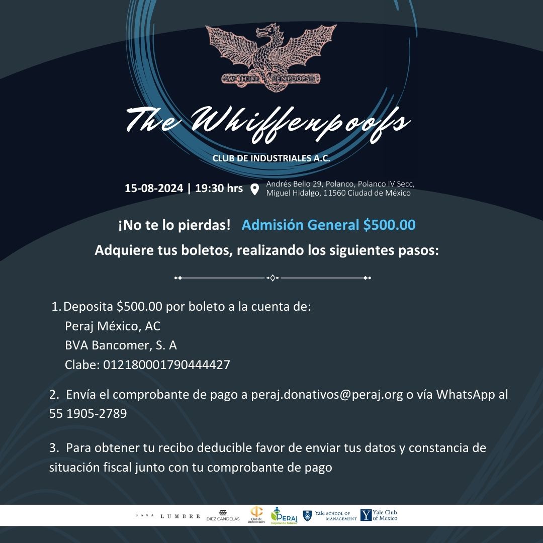 ¡No te pierdas el recital de "The Whiffenpoofs" de Yale! 🎶✨

El 15 de agosto a las 19:30 hrs, disfruta de su #concierto a beneficio de la #educación de las #niñasyniños de Peraj. 💖✏️📘

🎟️ Compra tus boletos: bit.ly/4ekPA8B o envía un #DM