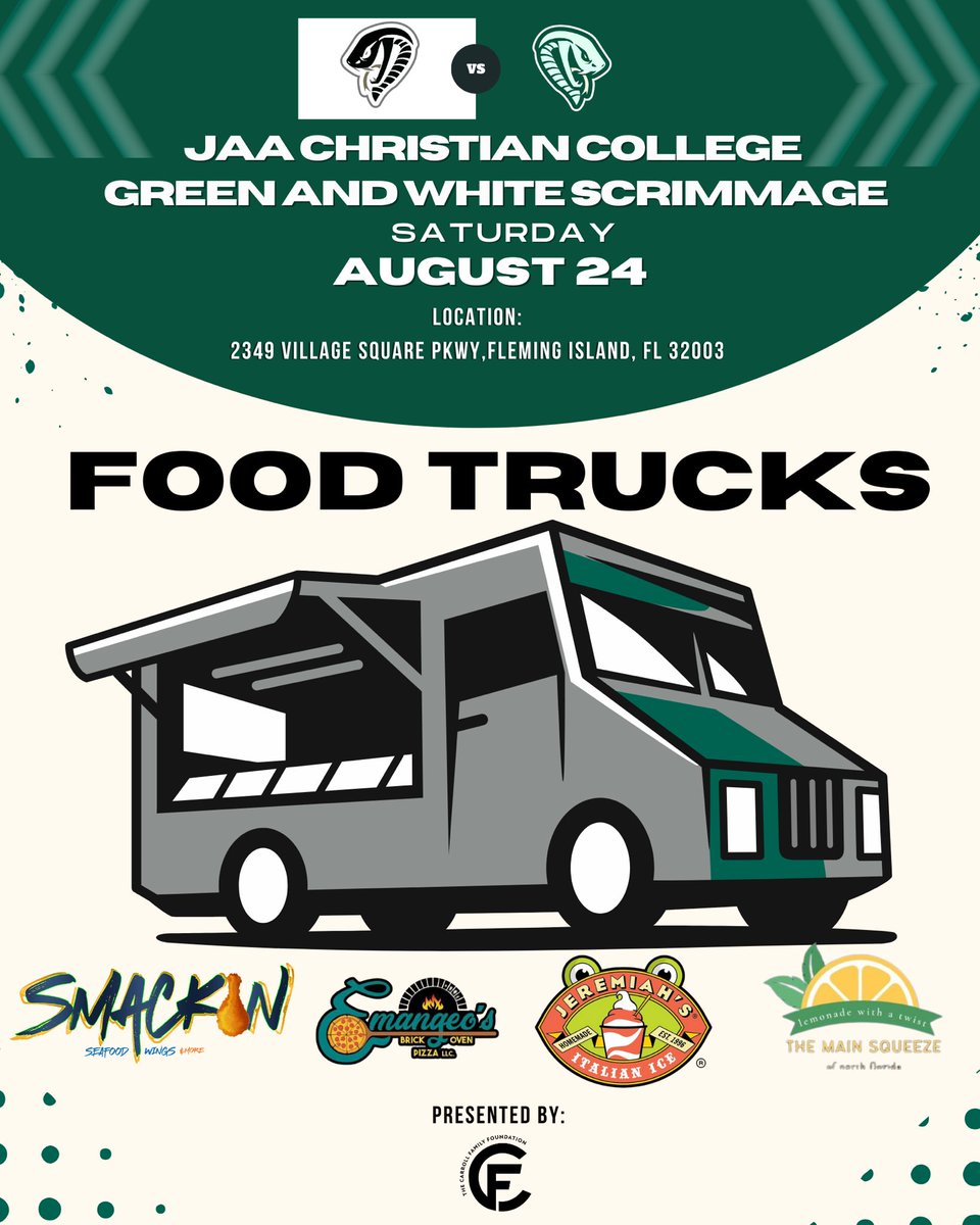 The Jacksonville AA (JAA) Christian College football team will kick off its first annual Green &amp; White Game as a part of Green and White Weekend on Saturday, August 24th at 3 p.m. at JAA’s Practice field

Admission to JAA’s first annual Green &amp; White Scrimmage is free, and the