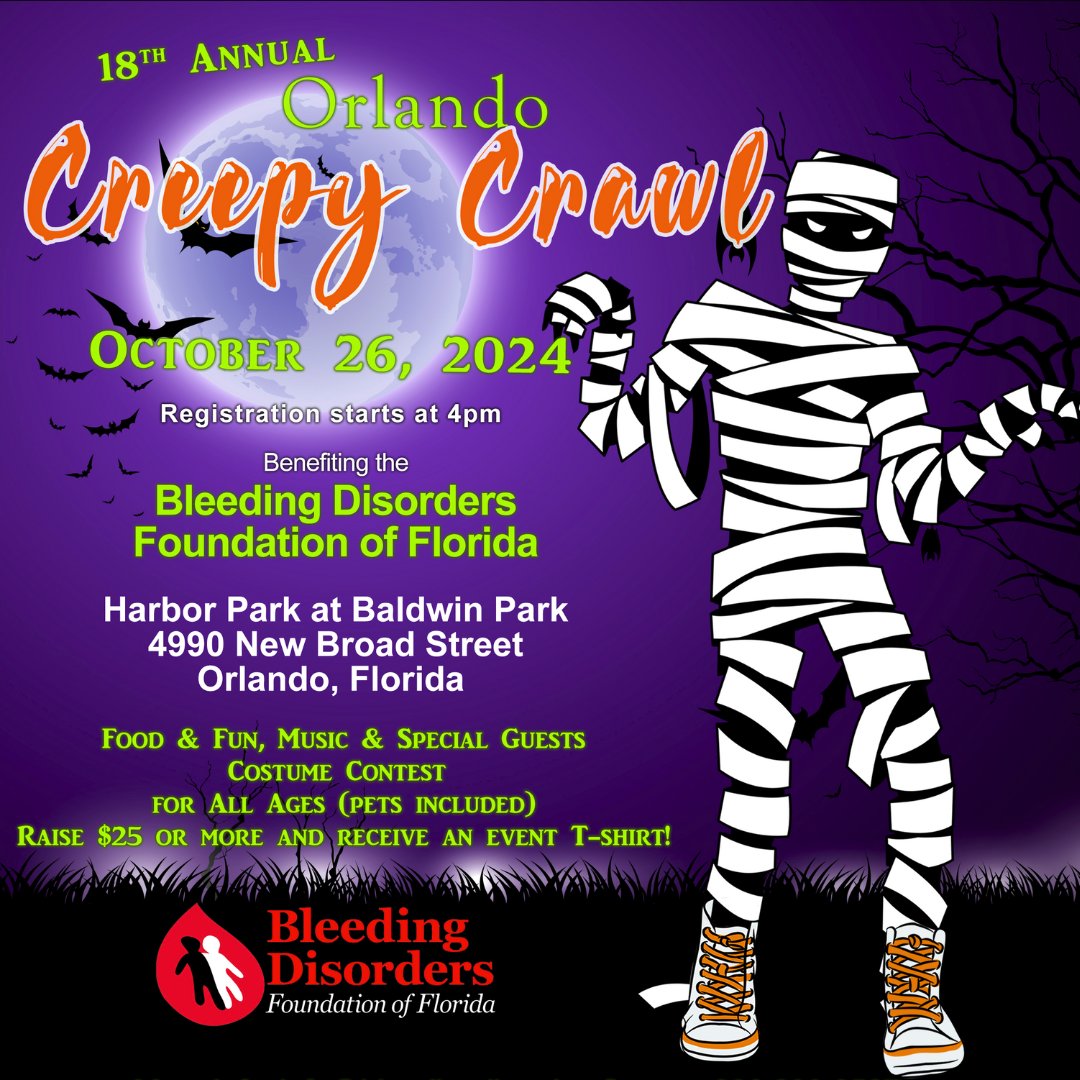 Something spooky is coming your way...

Join us for the 18th annual Orlando Creepy Crawl 5K Run &amp; Fun Walk on October 26th! 

Registration is OPEN:  secure.qgiv.com/event/202418th…

#BDFF #BleedingDisorders #CreepyCrawl2024 #5K #Walk #Run #Orlando
