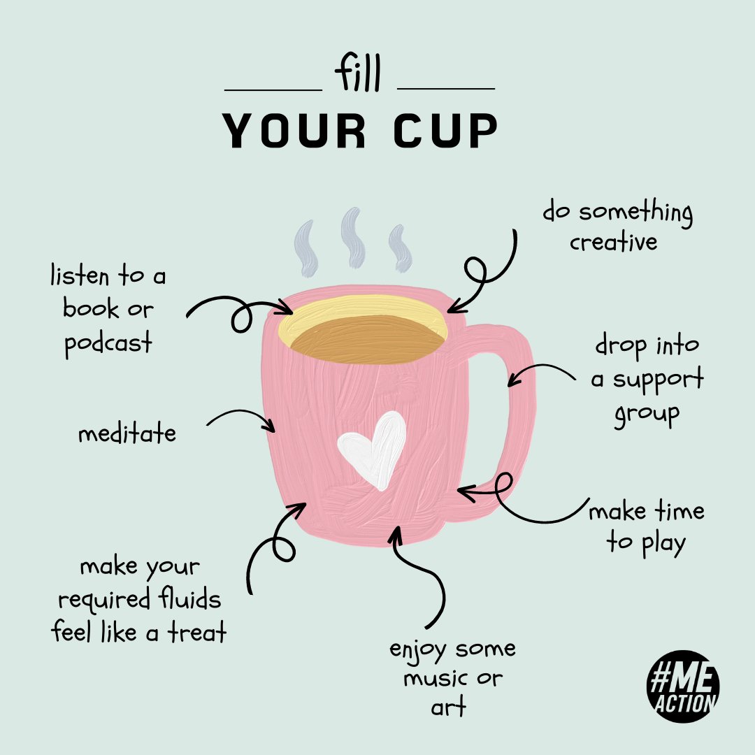 MEActNet's tweet image. It has been A WEEK! I thought we all could use an extra reminder to take care and to maybe take some time to really fill our cups. That can be extra hard to do when it seems like some of the usual things that bring us joy are less accessible to #pwME #spoonies. Ideas to add?