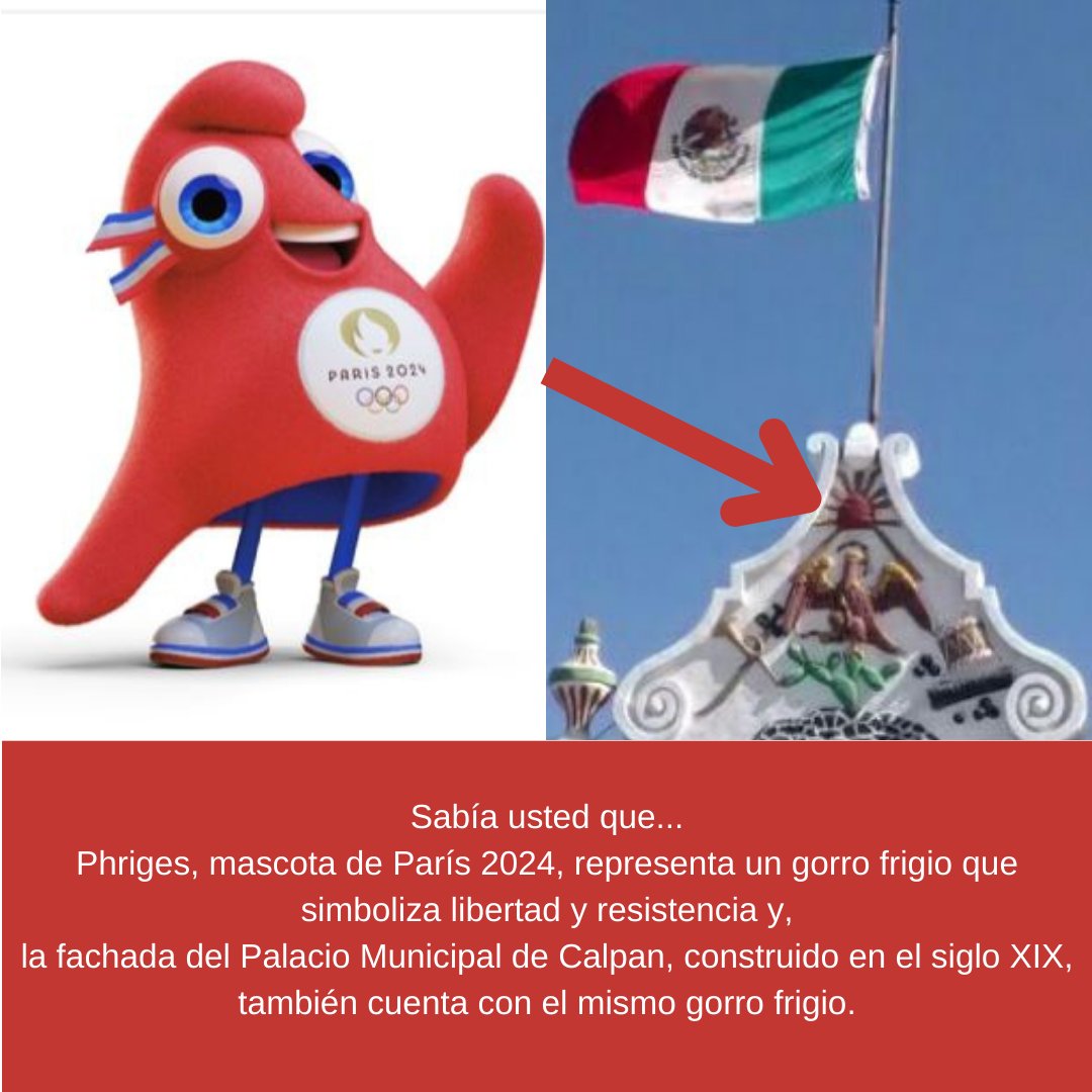 ChileenNogada's tweet photo. Sabía usted que...
#Phriges, mascota de #Paris2024 , representa un gorro frigio que simboliza libertad y resistencia y, la fachada del Palacio Municipal de Calpan, construido en el siglo XIX, también cuenta con el mismo gorro frigio. https://t.co/JBUewrr5if