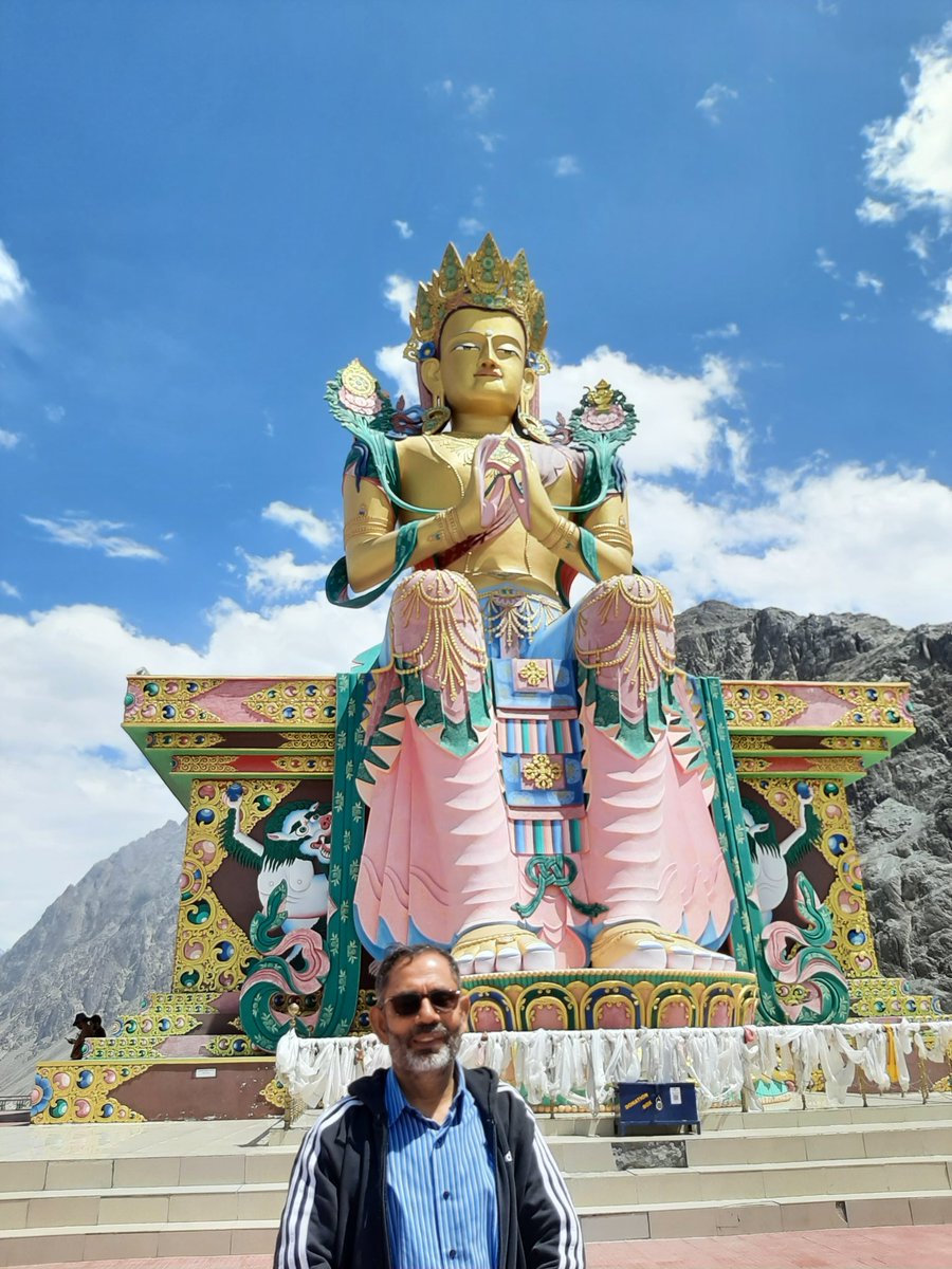 Felt deeply impressed by the 106-ft tall statue of Maitreya #Buddha in #diskitmonastery in #nubravalley #Ladakh . Surrounding valley against the backdrop snowcapped #himalayas and blue sky add to the serenity of the place. Aptly underlines the cultural diversity of #India