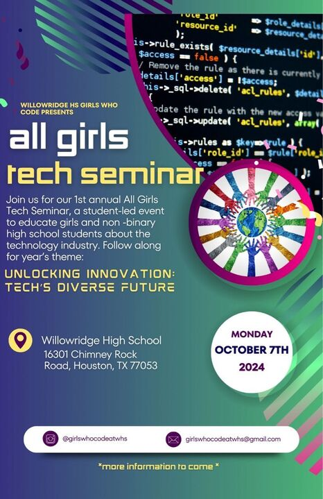 CSTA Greater Houston (@cstagreaterhou) on Twitter photo @girlswhocodeatwhs chapter at Willowridge HS is hosting their first student created & lead GWC conference this fall. Student officers will be presenting the sessions. Houston area <a href="/GirlsWhoCode/">Girls Who Code</a> chapters are invited to join them <a href="/SMS_Coding/">SMS Coding</a> #WHSGWC2024 <a href="/csteachersorg/">CS Teachers Association (CSTA)</a> @girlswhocodeatwhs chapter at Willowridge HS is hosting their first student created & lead GWC conference this fall. Student officers will be presenting the sessions. Houston area <a href="/GirlsWhoCode/">Girls Who Code</a> chapters are invited to join them <a href="/SMS_Coding/">SMS Coding</a> #WHSGWC2024 <a href="/csteachersorg/">CS Teachers Association (CSTA)</a>