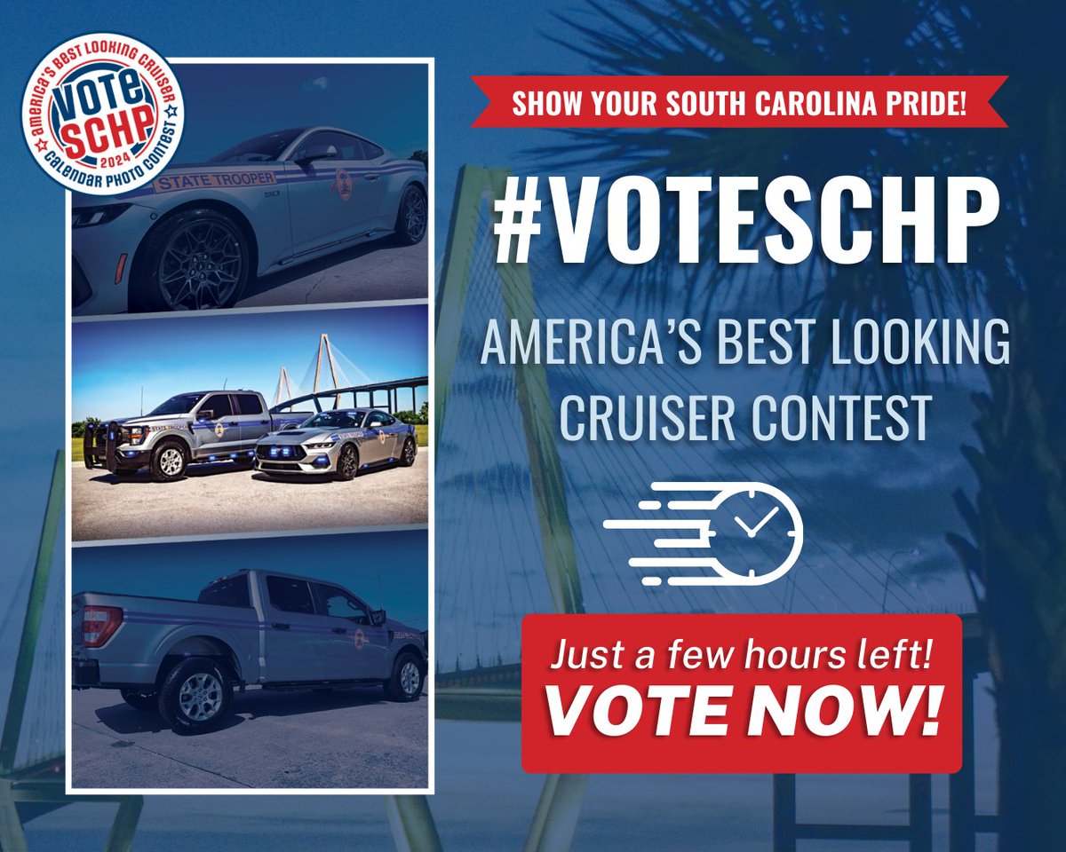 theSCDPS's tweet image. Have you voted for America's Best Looking Cruiser? There's still a few hours left, so vote now - bit.ly/voteschp

The SC Highway Patrol is in 14th place, but we are very close to the Top 13. You have until noon tomorrow so please #VoteSCHP!

Let's go, #SouthCarolina!
