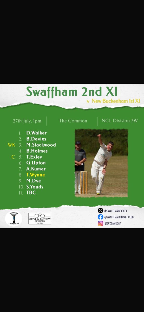 Teams are in for this weekend!
The first XI face Heathersett and Tas at shoemakers lane.
The second XI travel to new Buckenham. 
Bar open from 1, go well men 🏏🍺