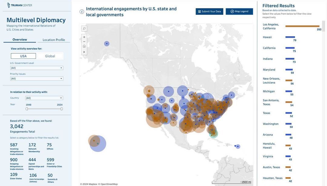 diplomacydata's tweet photo. Mapping Multilevel Diplomacy: The International Relations of
U.S. Cities and States, by  @TrumanCenter https://t.co/pMOptoj7ah https://t.co/qaWt7U5l2E