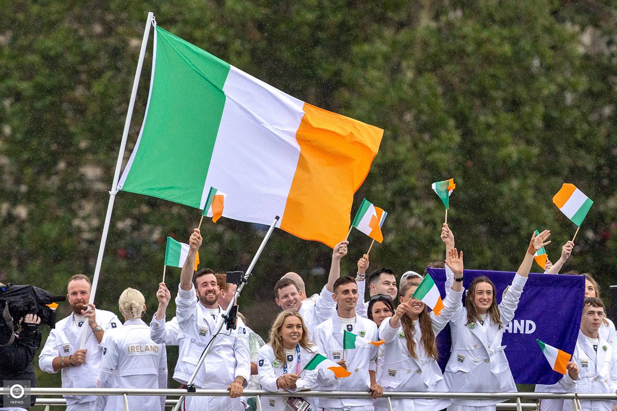 sportireland's tweet photo. Such a proud moment  💚🇮🇪 Team Ireland make their way down the Seine as part of the @Olympics Opening Ceremony with @ShaneLowryGolf and @sarahlavin_ leading the way for Team Ireland 

#OlympicGames  #Paris2024 https://t.co/2kLlxYw11w