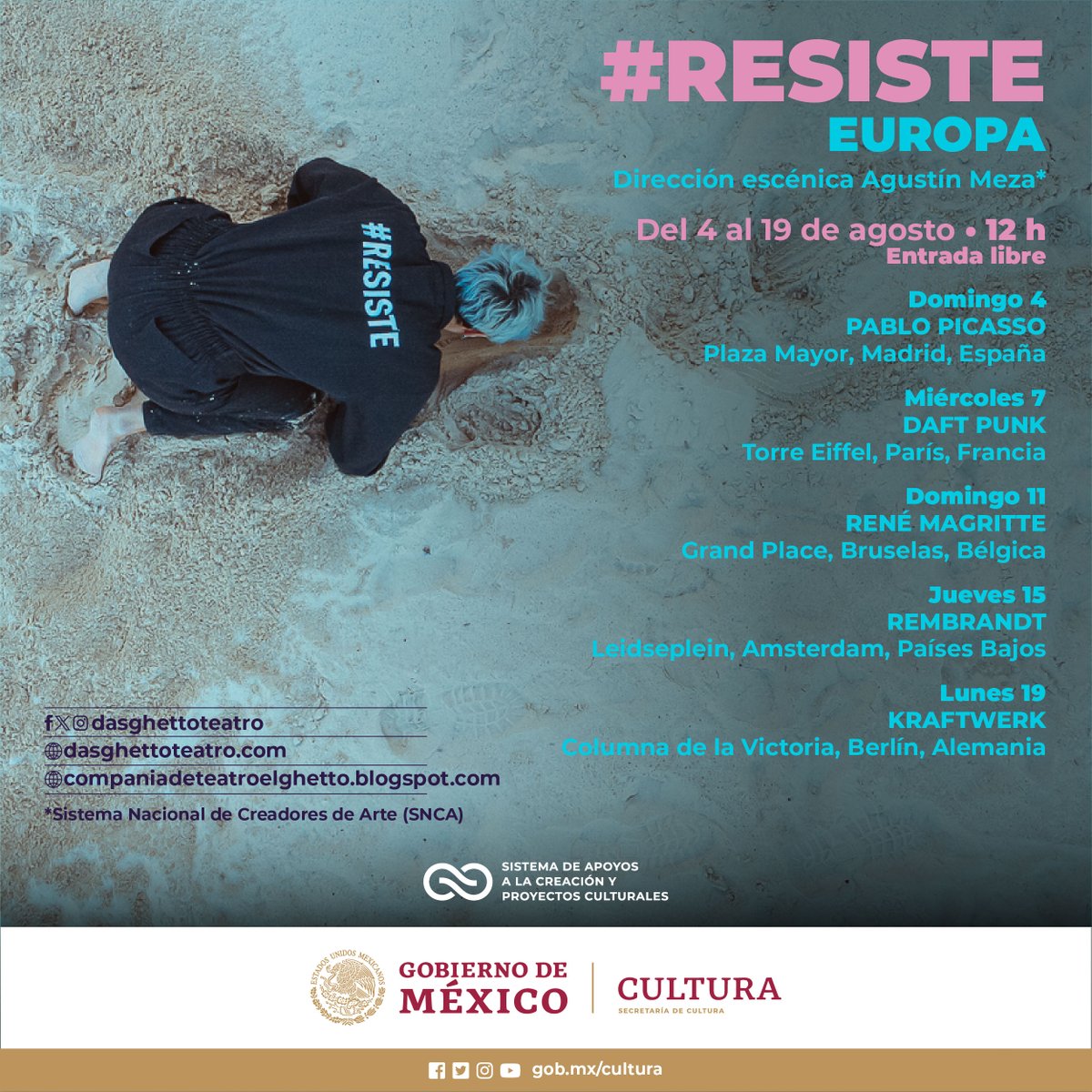 🎭Agustín Meza (SNCA) y <a href="/elghettoteatro/">Das Ghetto Teatro</a> llegan a Europa con #RESISTE EUROPA, que tendrá entregas en distintos espacios públicos de Madrid, París, Bruselas, Ámsterdam y Berlín.

📅4 a 19 de agosto
🎟Entrada libre

<a href="/cultura_mx/">Secretaría de Cultura</a>