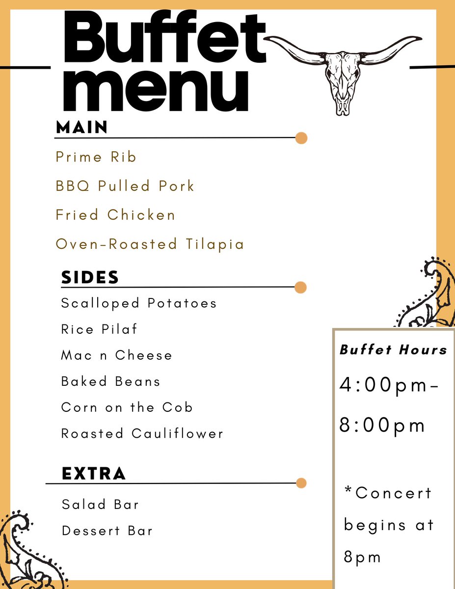 Don't miss our Trace Adkins concert prime rib buffet this Sunday! 👀👀 It starts at 4:00pm and continues until 8:00pm right before the concert begins. See you there! 🎤
.
.
.
Additional Details:
$29.00- Adult
$27.99 Senior Citizens
$12.99 Children
