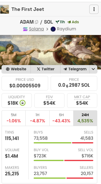 <a href="/TheFirstJeet/">The First Jeet</a> - $ADAM

Been watching $ADAM for a while, it looks narrative with a lot of supporting from its community

LP Burnt, No team token, No Mint Function and Revoked all function. Lets see how far they can go

dexscreener.com/solana/bl62xju…

t.me/thefirsttjeet