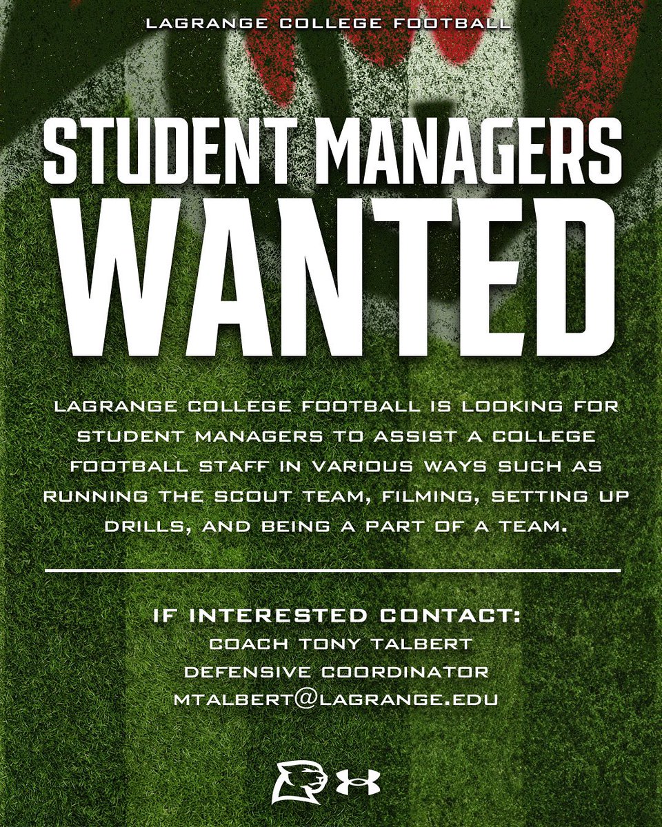 LaGrange College Sports Management Club (@lagrangesmc) on Twitter photo Want to work in college football? We have the opportunity for you!
@LCPanthers_FB is actively searching for student managers to assist with daily duties such as scout team, video, operational tasks, and more. If interested, please contact Coach Tony Talbert!
<a href="/Coach__Talbert/">Coach Talbert</a> Want to work in college football? We have the opportunity for you!
@LCPanthers_FB is actively searching for student managers to assist with daily duties such as scout team, video, operational tasks, and more. If interested, please contact Coach Tony Talbert!
<a href="/Coach__Talbert/">Coach Talbert</a>