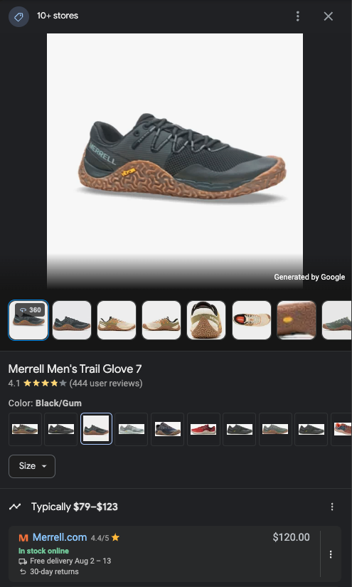 SEO Tips From Travis, No. 35

Google Merchant Center no longer ONLY  fuels Shopping + PMax campaigns. Today, they directly influence organic listings.

Here are two ways (ex. Merrell running shoes):
1) Snippets 
Price ranges, delivery timelines, return policies, and even promo