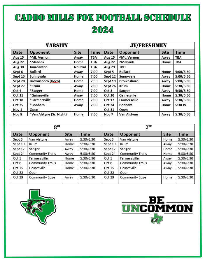 Caddo Mills Fox Athletics (@foxunleash) on Twitter photo Here is your 2024 Fox Football Schedule. <a href="/KodiCrane/">Kodi Crane</a> <a href="/luke__allison/">Luke Allison</a> <a href="/CaddoMillsISD/">Caddo Mills ISD</a> <a href="/CaddoMillsHS/">Caddo Mills HS</a> <a href="/CaddoClub/">Caddo Mills Athletic Booster Club</a> #unLEASH #UNCOMMON #ATMO #DARKSIDE Here is your 2024 Fox Football Schedule. <a href="/KodiCrane/">Kodi Crane</a> <a href="/luke__allison/">Luke Allison</a> <a href="/CaddoMillsISD/">Caddo Mills ISD</a> <a href="/CaddoMillsHS/">Caddo Mills HS</a> <a href="/CaddoClub/">Caddo Mills Athletic Booster Club</a> #unLEASH #UNCOMMON #ATMO #DARKSIDE