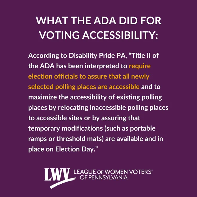 Purple background with white text. In large, bold, capital letter text, heading reads: "What the ADA did for voting accessibility." Body text reads, "According to Disability Pride PA, “Title II of the ADA has been interpreted to require election officials to assure that all newly selected polling places are accessible and to maximize the accessibility of existing polling places by relocating inaccessible polling places to accessible sites or by assuring that temporary modifications (such as portable ramps or threshold mats) are available and in place on Election Day.”" White League of Women Voters of Pennsylvania logo at the bottom.
