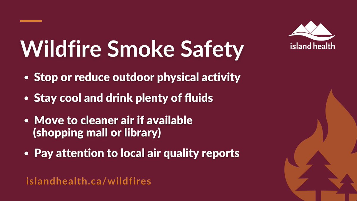 A smoky skies bulletin has been issued for various regions across BC, including Greater #Victoria and West #VancouverIsland.

Wildfire smoke can be harmful to everyone’s health even at low concentrations. Learn how to reduce exposure to wildfire smoke at ow.ly/a7cA50SLmK7