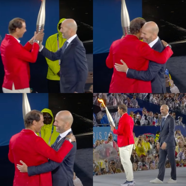 InvictosSomos's tweet photo. Zinedine Zidane entregándole la antorcha olímpica a Rafa Nadal. De leyenda a leyenda. MOMENTAZO.