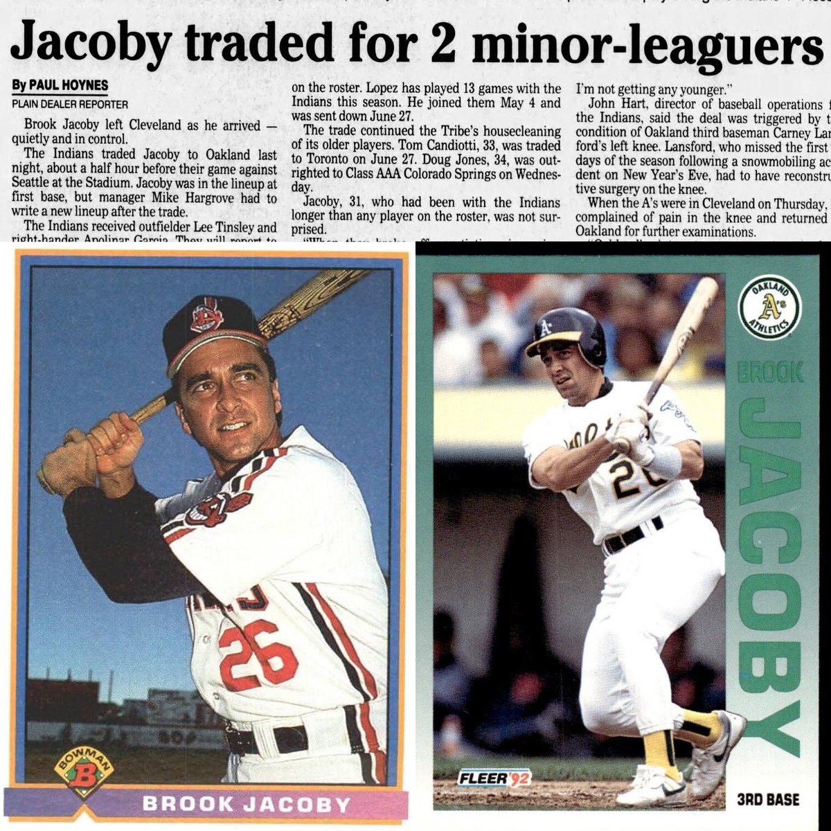 MrCleveland_216's tweet photo. July 26, 1991: Goodbye Jake⚾️
#ForTheLand trade vet 3B Brook Jacoby to A’s
Oakland needs stretch run help, Brook a FA
Tribe don't get much in deal (Lee Tinsley, Apolinar Garcia)
Jacoby returns in '92 for 9th yr w/ team as back-up for Jim Thome
#Jake
#32HR #69RBI https://t.co/qD67kDtdT5