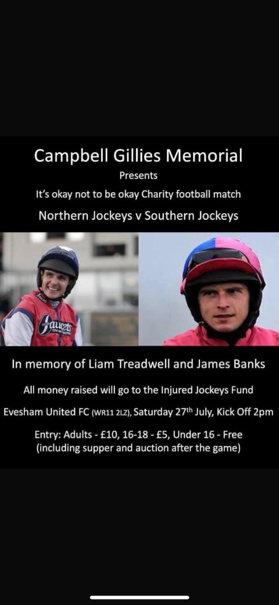 Will Cemis (@_cemis) on Twitter photo Horse racing family 🐎 
Tomorrow sees the jockeys football match (northern vs southern) at Evesham Football Club kicking off at 2pm (WR11 2LZ)
After the match, there is food, live music and an auction which is being hosted by <a href="/MCYeeehaaa/">Matt Chapman</a> 
(1 of a few) Horse racing family 🐎 
Tomorrow sees the jockeys football match (northern vs southern) at Evesham Football Club kicking off at 2pm (WR11 2LZ)
After the match, there is food, live music and an auction which is being hosted by <a href="/MCYeeehaaa/">Matt Chapman</a> 
(1 of a few)