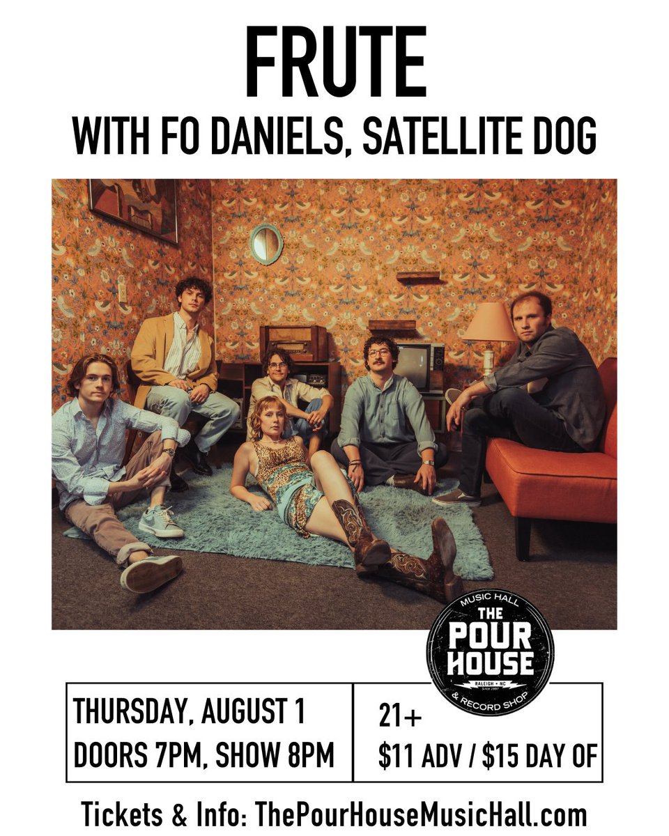 📆 TONIGHT (8.1)
🎵 Frute with Fo Daniels, Satellite Dog
🕐 Doors 7pm Show 8pm
🎫 $15 at the door
Genre: Jam Band, Rock

Frute: (Atlanta, GA) Female-fronted and five guys backed, six members stir up a synthesis of sounds that are sure to make your nervous system feel something.