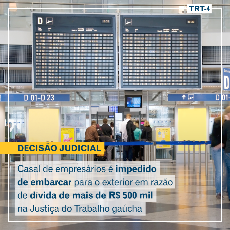 TRT_RS's tweet photo. Um casal de empresários gaúchos foi impedido de embarcar para o exterior em razão de uma dívida trabalhista de mais de R$ 500 mil. 
Entenda o caso: https://t.co/XY0L1txr3Q https://t.co/3YFJm9mtRm