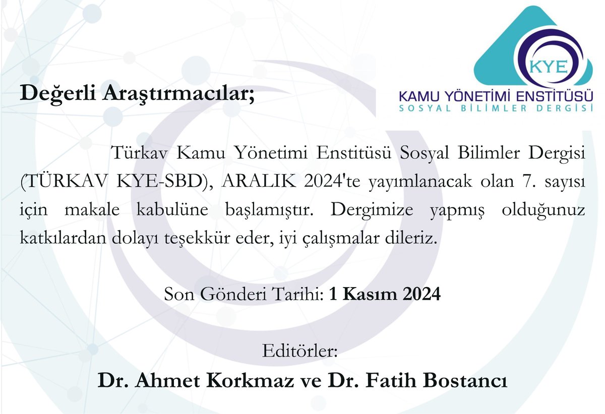 Değerli Araştırmacılar;

Dergimiz ARALIK 2024'te yayımlanacak olan 7. sayısı için makale kabulüne başlamıştır. Dergimize yapmış olduğunuz katkılardan dolayı teşekkür eder, iyi çalışmalar dileriz.

Son Gönderi Tarihi: 1 Kasım 2024
Editörler:
Dr. Ahmet Korkmaz ve Dr. Fatih Bostancı