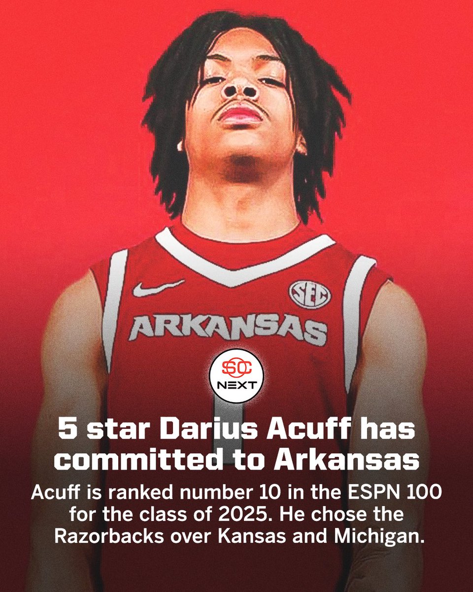 SportsCenter NEXT (@scnext) on Twitter photo 5⭐️ Darius Acuff (no. 10 ESPN 100) has committed to Arkansas 🐗
<a href="/DariusAcuff/">Darius Acuff</a> | <a href="/RazorbackMBB/">Arkansas Razorbacks Men’s Basketball 🐗</a> 5⭐️ Darius Acuff (no. 10 ESPN 100) has committed to Arkansas 🐗
<a href="/DariusAcuff/">Darius Acuff</a> | <a href="/RazorbackMBB/">Arkansas Razorbacks Men’s Basketball 🐗</a>