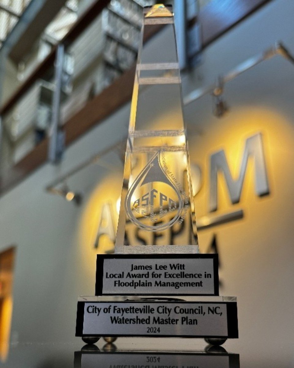 CityOfFayNC's tweet photo. We are thrilled to announce that we were recently awarded the 2024 Association of State Floodplain Managers James Lee Witt Local Award for Excellence for our Watershed Master Planning Program! 🏆 
Read more: https://t.co/Fk1pEwBJ3O https://t.co/OcD3TkxBoO