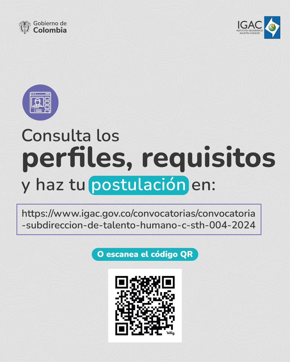 igacColombia's tweet photo. ¡Haz parte del Banco de Hojas de Vida de nuestra Subdirección de Talento Humano!📄

Son 5⃣ perfiles los requeridos y podrás postularte hasta el 🗓️31 de julio del 2024 en: https://t.co/nIyfNiYd0i (o escanea el código QR de la última imagen). https://t.co/OQLzwVLBjD