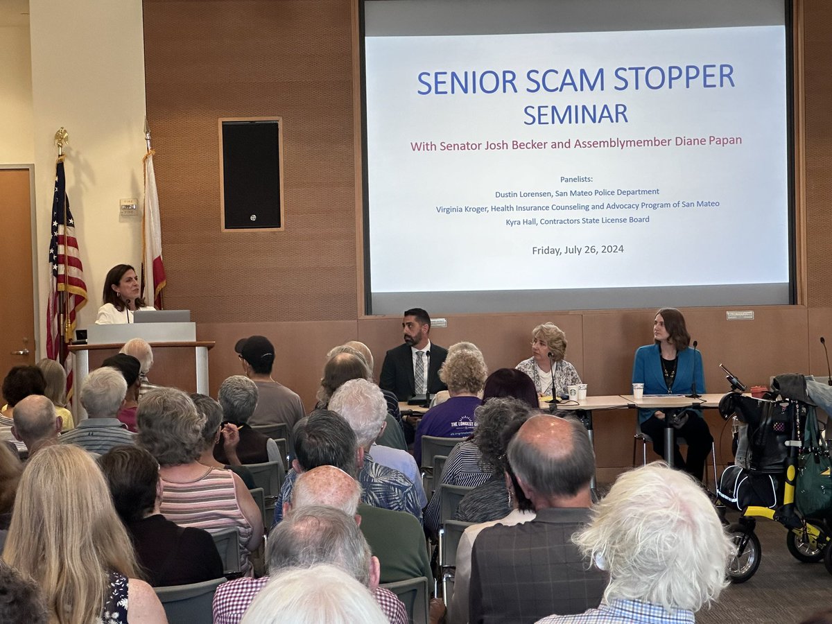 AsmDianePapan's tweet photo. Protecting our elders from ever more insidious scams is incredibly important. Ty to my colleague @SenJoshBecker for co-hosting our Senior Scam Stopper Seminar today | @CSLB #HICAP @SanMateoPD https://t.co/nZYRCxIXvc