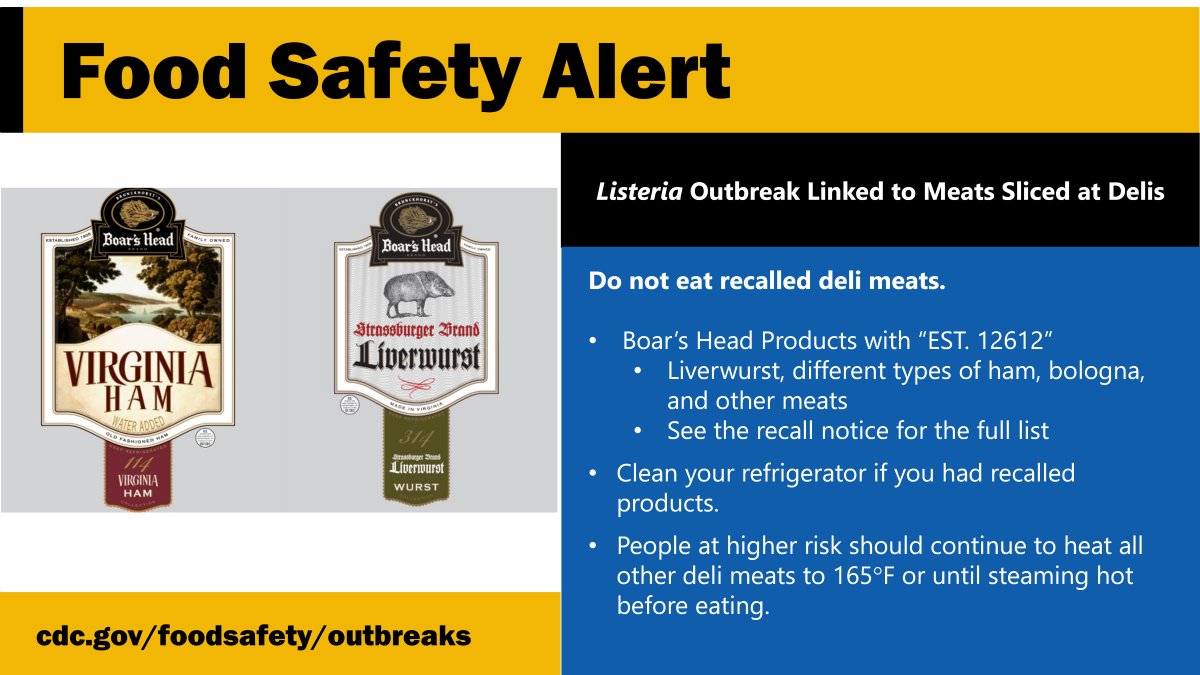 LISTERIA OUTBREAK UPDATE: 34 people sick in 13 states, with 2 deaths. Several Boar’s Head deli meat products have been recalled. Do not eat recalled products. Those at increased risk of illness should heat all other deli meats before eating.

Read more: bit.ly/3W27zby