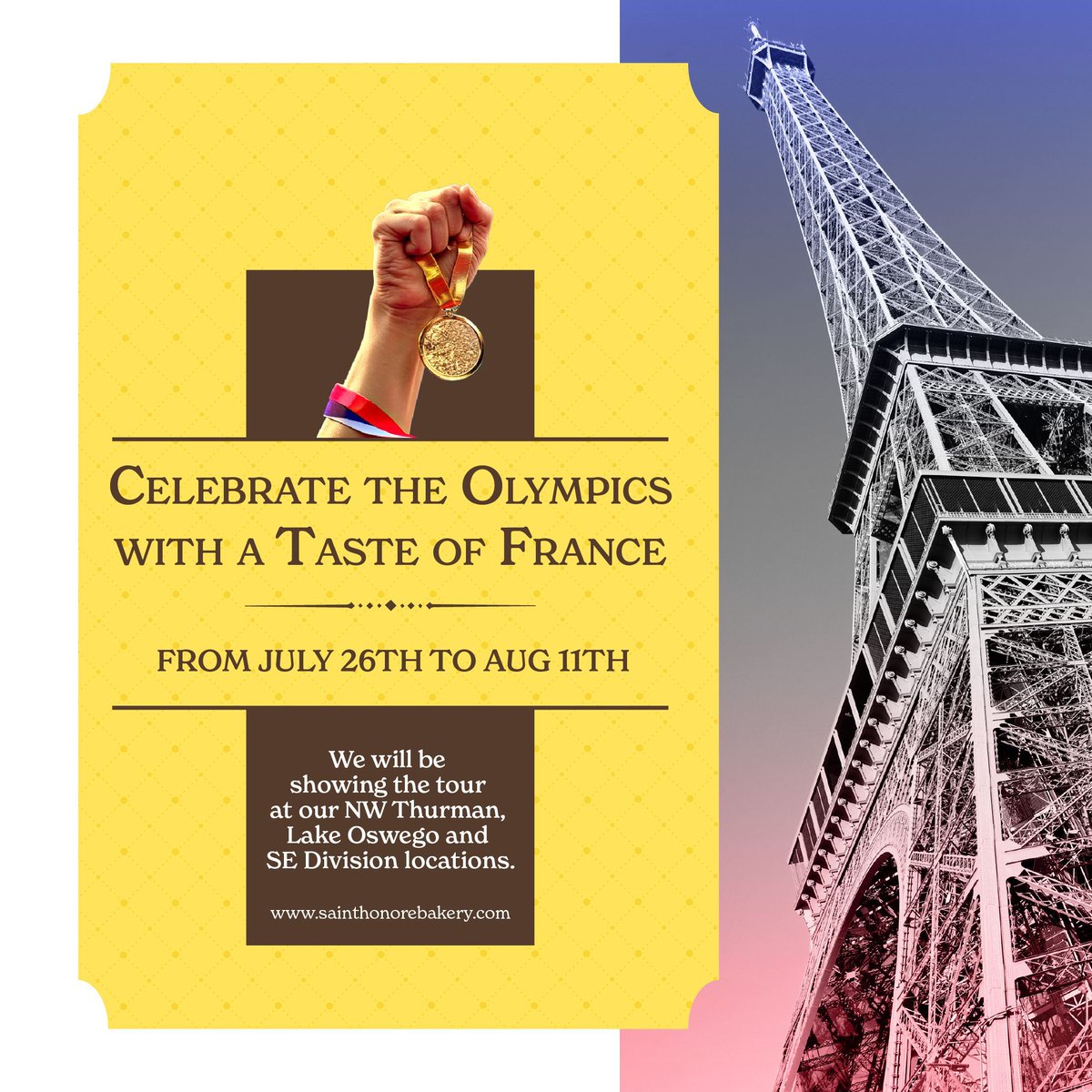 Can't make it to the Paris Olympics? Join us at St. Honoré Bakery to celebrate together with authentic French treats! 🇫🇷

📅 July 26 - August 11, 2024
📍 NW Thurman, Lake Oswego, SE Division

Let's share the Olympic spirit! 🥐✨ #Paris2024 #Olympics2024 #StHonoreBakery
