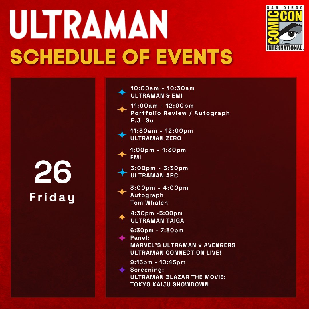 TsuburayaGlobal's tweet photo. Here's the updated schedule of events for today! ✨️

🔹 Bandai Booth #3329
🔸 TSUBURAYA Booth #3729
🎙️ Panel Room #5A
🎞️ Screening #6DE

#SDCC https://t.co/22GzlqQnQw